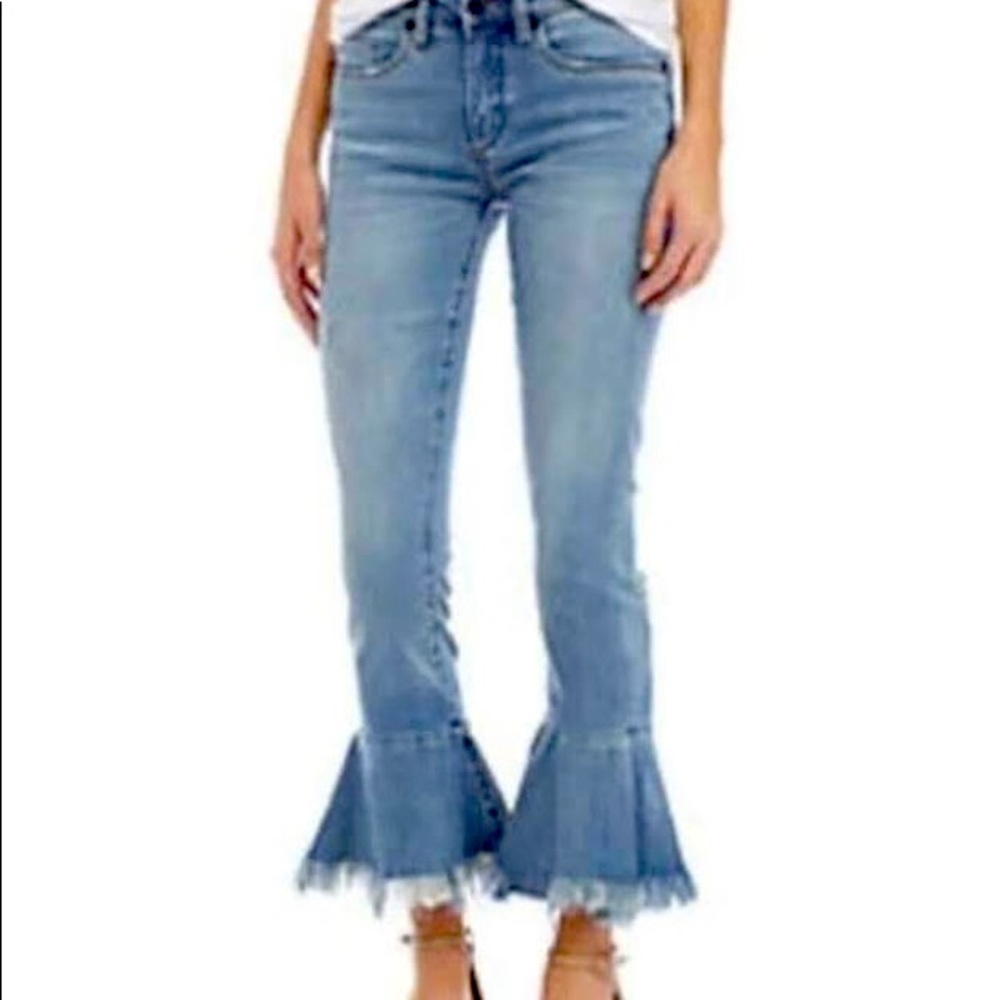 Blank Nyc Ruffle Flare Cropped Raw Frayed Jeans